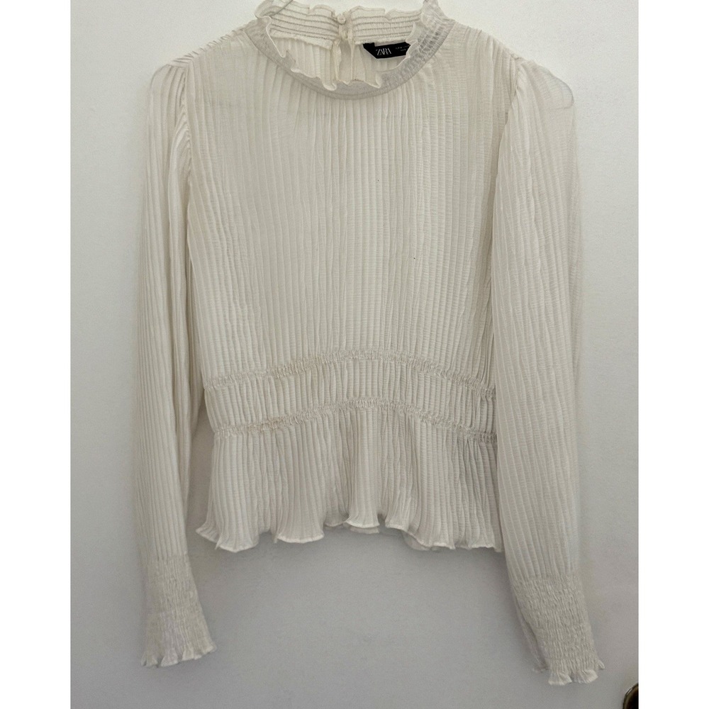 ZARA Blouse Womens M White Blouse Voile Pleat Ruffle Top Silky Flowy Delicate